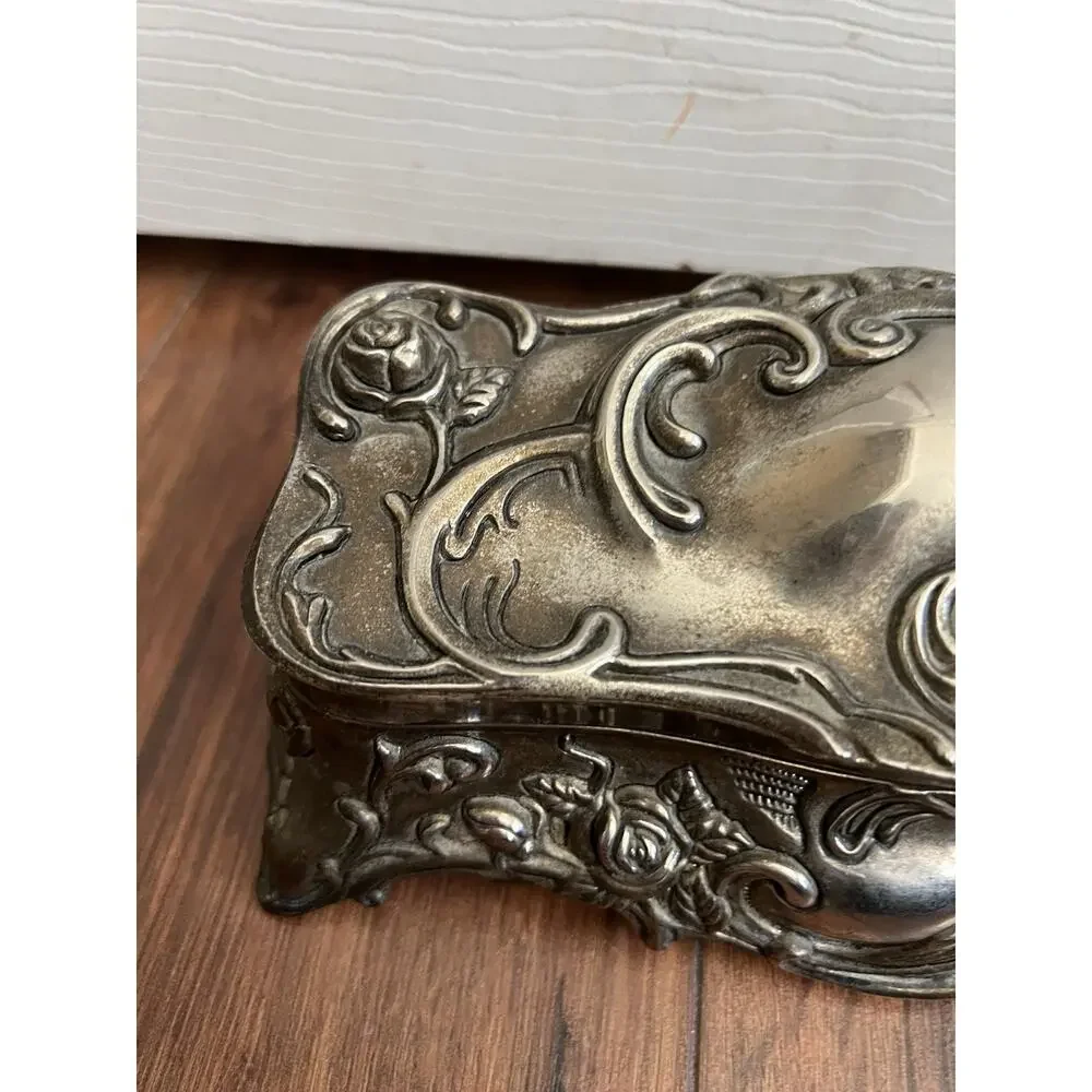 GODINGER Vtg Silverplate Art Nouveau-Style Scroll Roses Repousse Jewelry Box